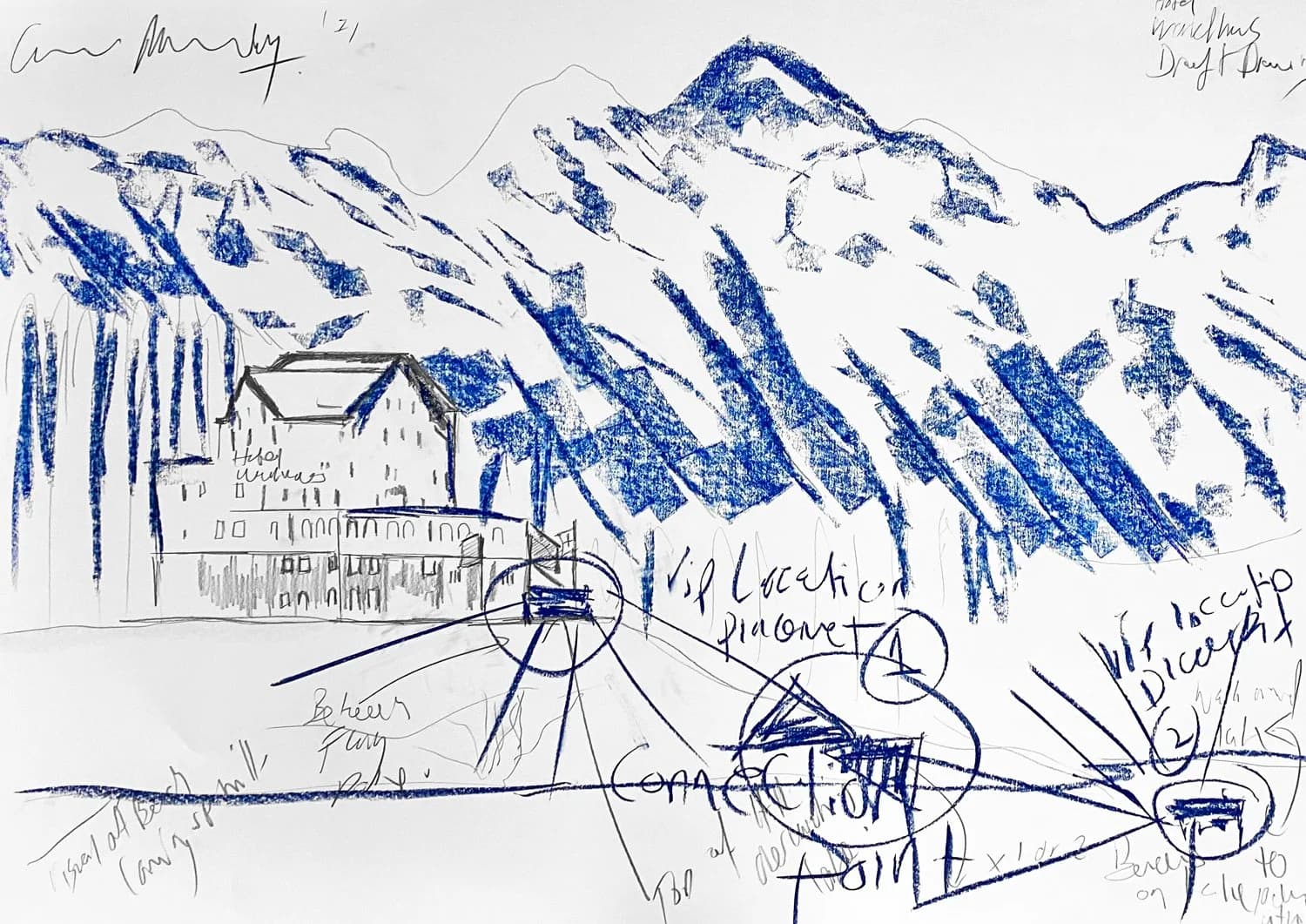 Bench Location Drawing St. Moritz Lake, from the Bench Sculpture Drawings series by Conor Mccreedy