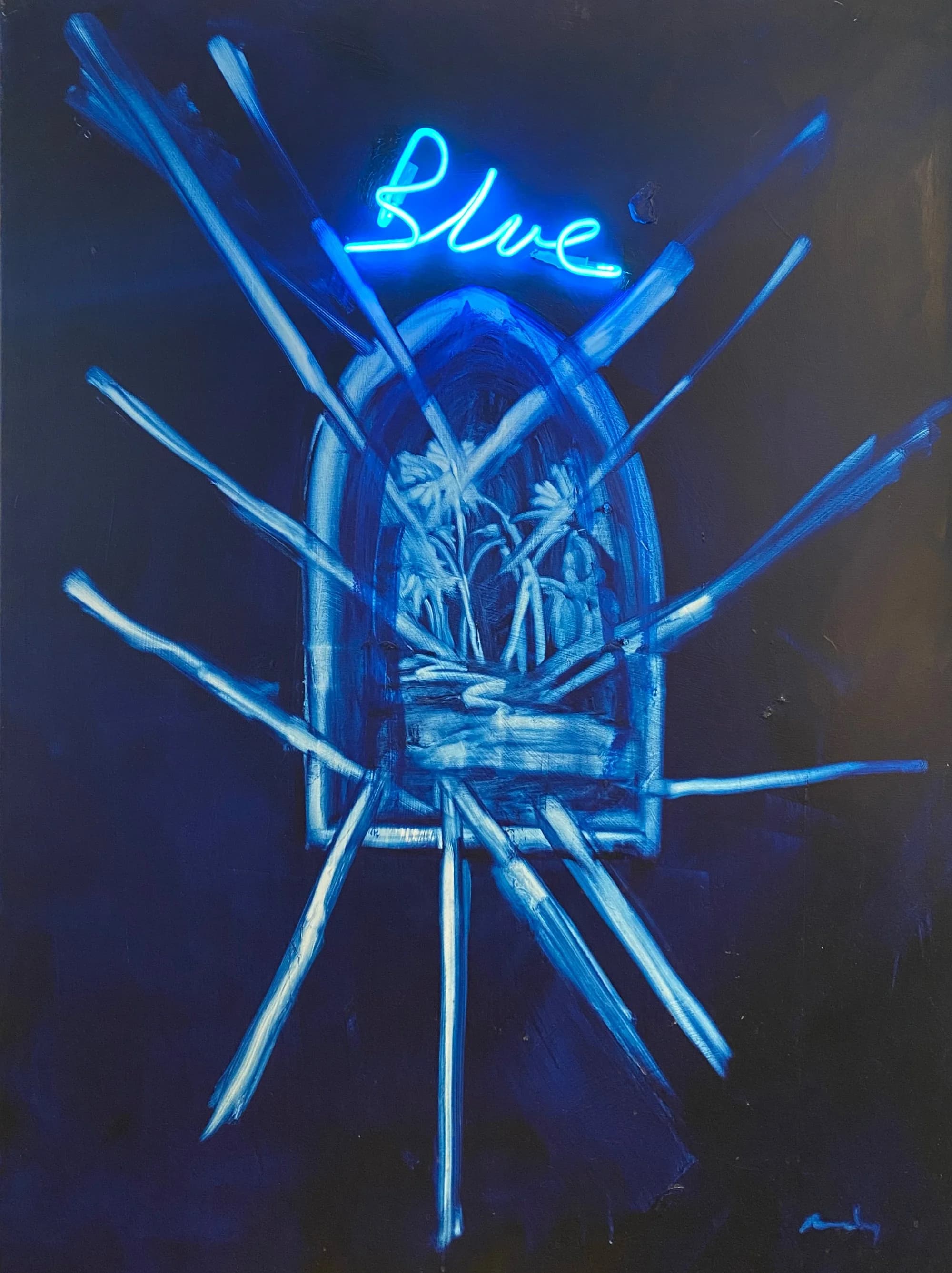 Ancient window of palms with arrows with Murano Hand Blown Glass in artist's handwriting, from the Palm Trees series by Conor Mccreedy